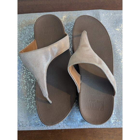 FitFlop Womens 10 Sandals Lulu Shimmy Rose Gold Toe Post Slip-On T-Bar Leather - Picture 5 of 12